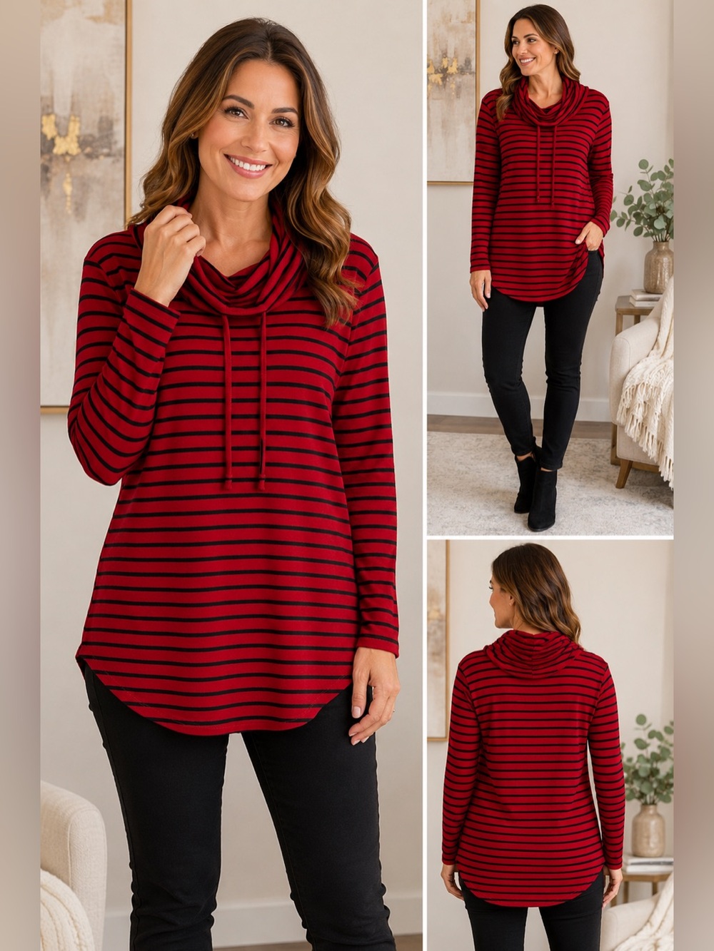 Allison Brittney Red and Black Striped Cowl Neck Sweater